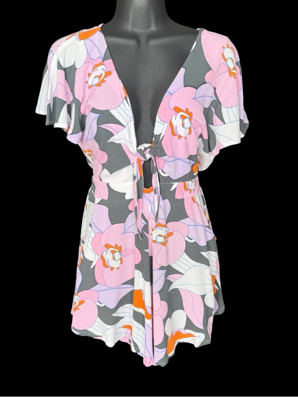 Floral Tie-Front Romper in Pink & Gray